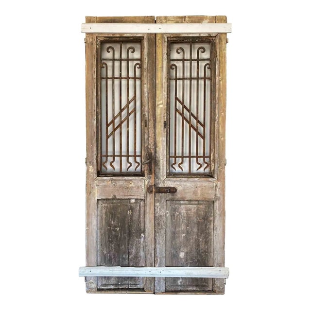 Antique Entry Doors With Wrought Iron Window Grilles - A Pair For Sale In New York - Image 6 of 7