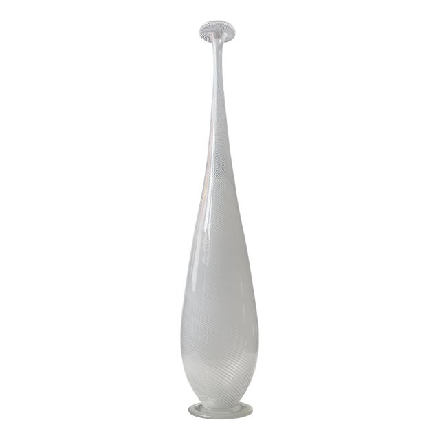 Tall Mezza Filigrana Footed White Art Glass Vase in the style of Dino Martens For Sale