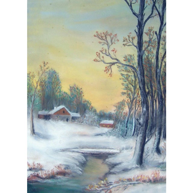 Winter farm at sunrise pastel on paper, circa 1930's. Unsigned. Unframed. Displayed with double mat, opening size 11.25"H...