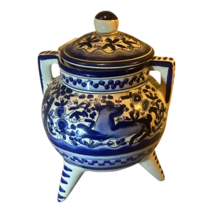 Mid 20th Century Hand Painted Portugal Footed Ceramic Lidded Vase