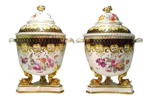 1820-1830 Ridgway Porcelain Dolphin Fruit Coolers Covers & Liners - A Pair