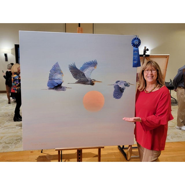 Large Contemporary Oil Painting Blue Herons Over Sunset For Sale - Image 12 of 14