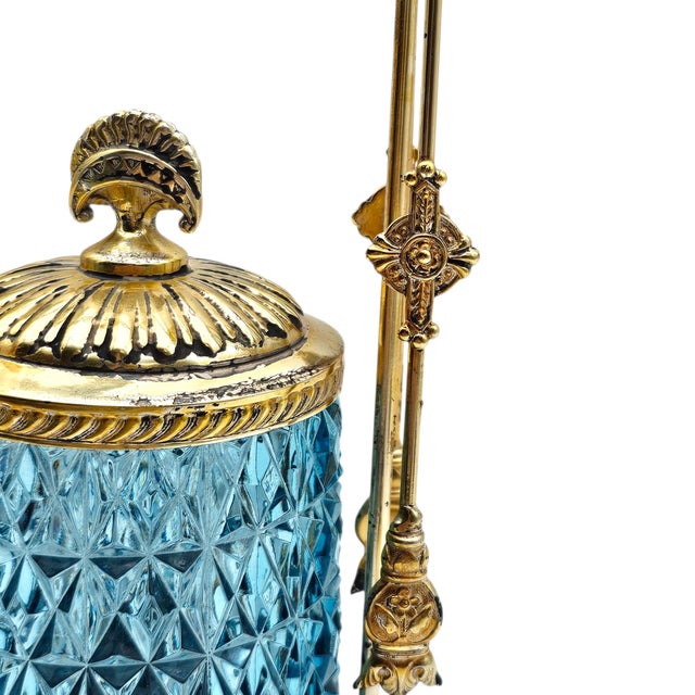 Vintage Aesthetic Daisy Button Blue Glass Pickle Castor Gp Original Tongs 11" For Sale - Image 12 of 18