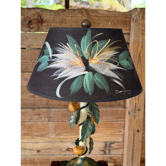 A charming vintage Italian tole table lamp featuring a sculptural lemon vine wrapping the column base. Hand-painted metal...