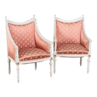 Pair of 20th Century Swedish Gray Painted Gustavian Armchairs For Sale
