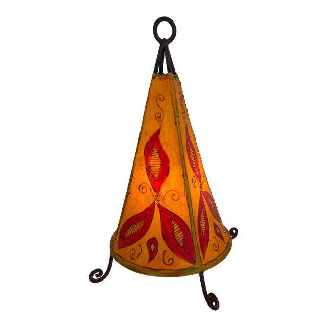 Vintage Moroccan Hand Made Leather Wrought Iron Hanna Dyes Table Accent Lamp For Sale