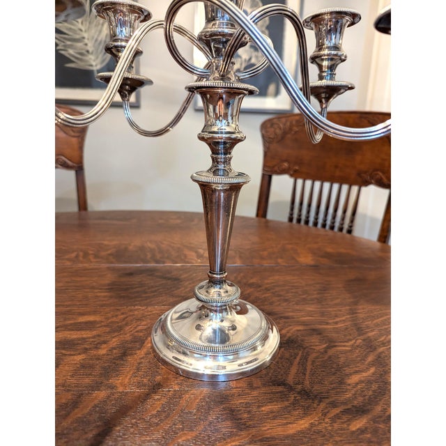 Neoclassical Antique Barker Ellis Silverplate Candelabra Pair 5 Arm Convertible Gadroon England For Sale - Image 3 of 15
