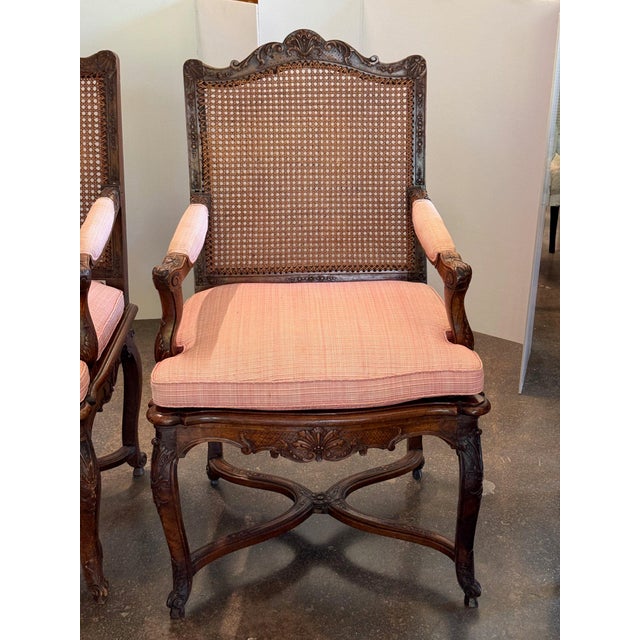 19th Century 19th Century Pair of Carved French Walnut Armchairs With Caned Backs For Sale - Image 5 of 16