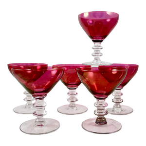 Cranberry Glass Stemmed Champagne Coupes, Set of Six