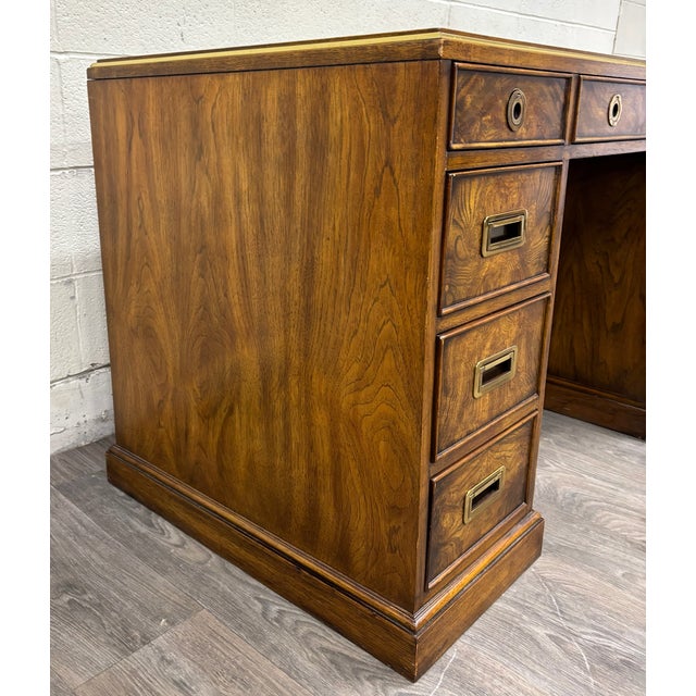 Vintage Drexel Et Cetera Campaign Style Burl Wood Tooled Leather Executive Desk For Sale In Kansas City - Image 6 of 13