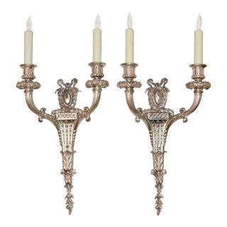 Good French Classical Silver Over Bronze Two-Light Sconces - A Pair For Sale