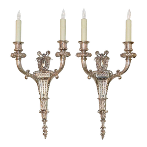 Good French Classical Silver Over Bronze Two-Light Sconces - A Pair