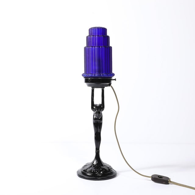 Art Deco Cobalt Blue Glass & Black Enamel Nude Sculpture Table Lamp Signed Nuart For Sale - Image 11 of 16