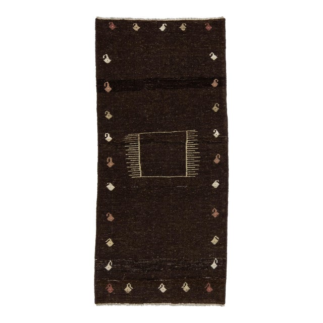 3 X 6 Minimalist Dark Brown Modern Gabbeh Wool Rug – Hand-Knotted Tribal Runner For Sale