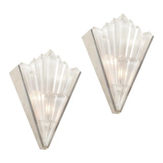 Pair of Art Deco Skyscraper Style Frosted Glass Sconces W/ Brushed Nickel Frames For Sale