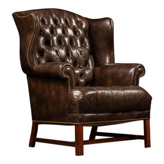Mid 20th Century Vintage Tufted Leather Wingback Armchair in Brown For Sale