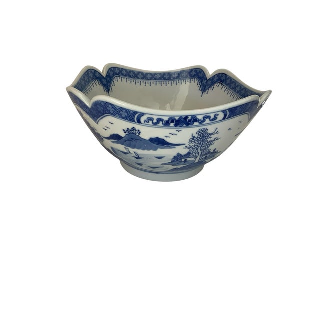 Vintage Large "Blue Canton" Porcelain Deep Square Fruit / Centerpiece Bowl - 9" Portugal 1980s-1990s For Sale In Palm Springs - Image 6 of 7