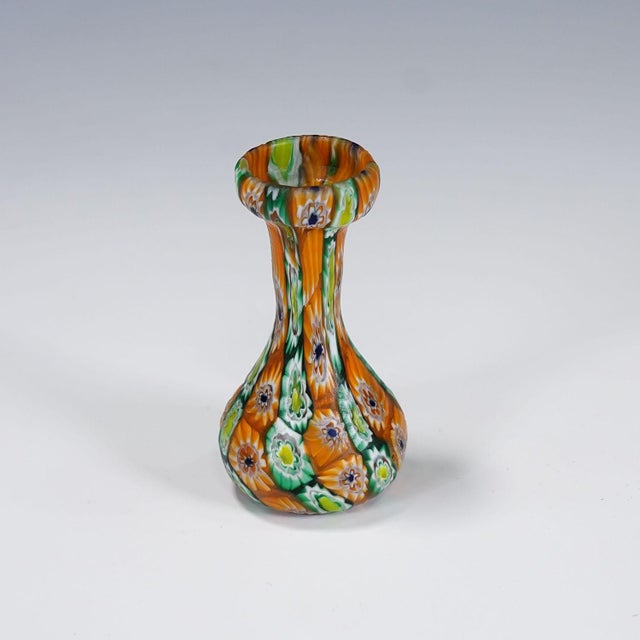 Antique Millefiori Vase Green and Orange, Fratelli Toso Murano ca. 1920s A colorful millefiori murrine glass vase...
