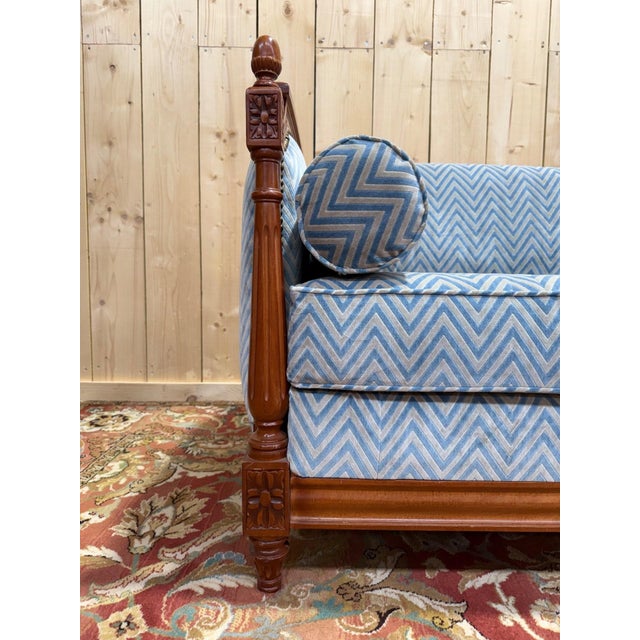 Louis XVI Style Sofa Bed in Mahogany-Stained Beechwood and Blue Velvet, 1980s For Sale - Image 4 of 9