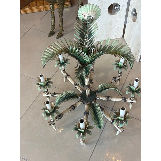 Vintage Tole Metal Palm Beach Tree Leaf Leaves 8 Light Chandelier For Sale - Image 14 of 17