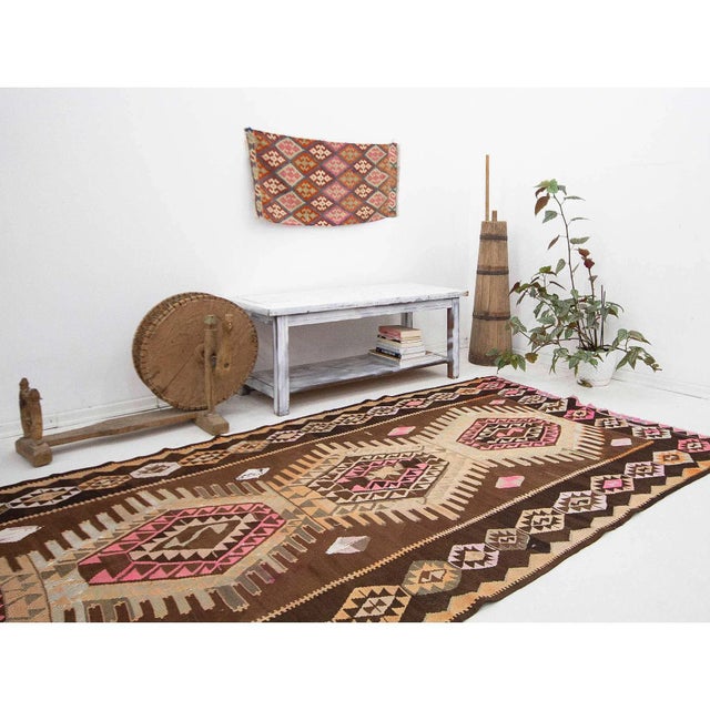 Brown & Pink Vintage Turkish Kilim Rug For Sale In Los Angeles - Image 6 of 7