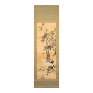 Meiji or Taisho Era Japanese XL Painted Scroll "Pine Tree, Two Cranes" by Kiseki
