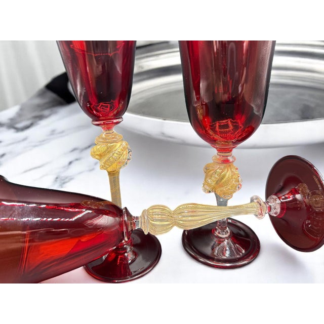 Venetian Ruby ​​and Gilt Murano Glass Goblets, Set of 3 For Sale - Image 11 of 13