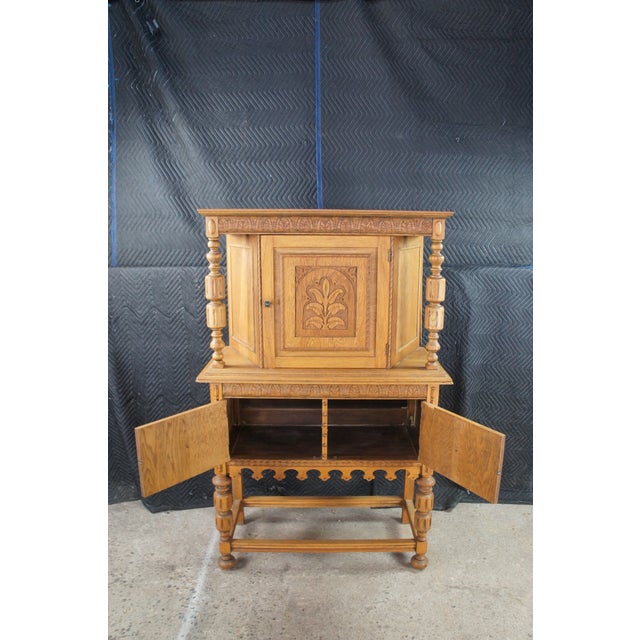 Late 20th Century Jacobean Revival Quartersawn Oak Court Cupboard China Cabinet Hutch 59" For Sale - Image 11 of 13