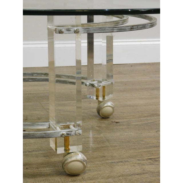 Charles Hollis Jones Mid Century Modern Brass & Lucite Round Glass Top Coffee Table For Sale - Image 10 of 13