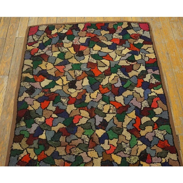 Tan Captivating Colorful With Jewel Tones Antique American Crazy Quilt Pattern Hooked Rug For Sale - Image 8 of 9
