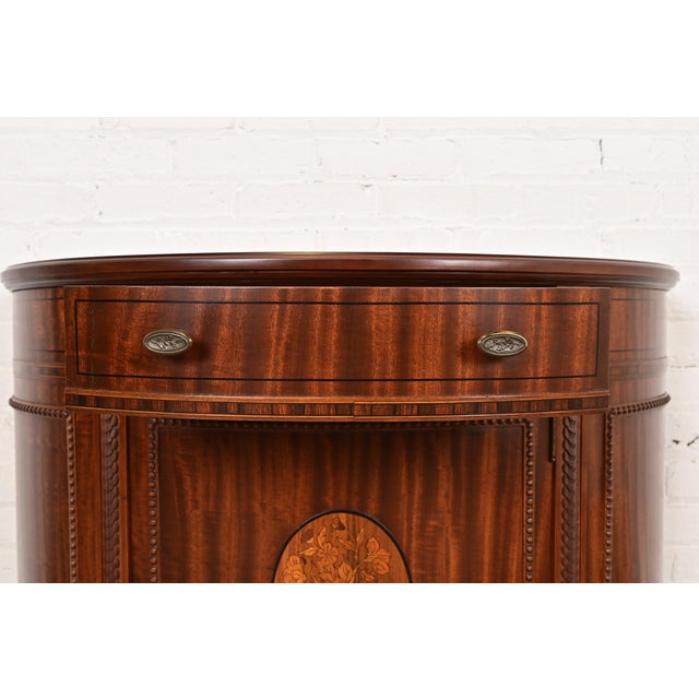 Wood Imperial Furniture French Regency Louis XVI Mahogany and Inlaid Marquetry Demilune Cabinet, Newly Refinished For Sale - Image 7 of 14