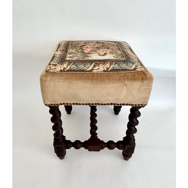 Camel Antique French Tapestry Barley Twist Stool For Sale - Image 8 of 11