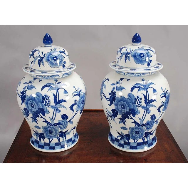 Blue and White Floral Lidded Temple Jars - a Pair For Sale - Image 4 of 4