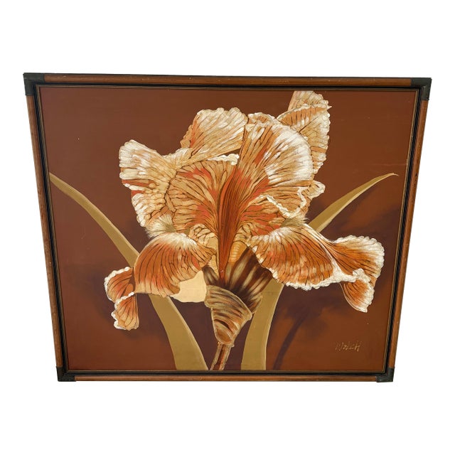 Giant Vintage 70s Painting of a Flower in Original Frame For Sale