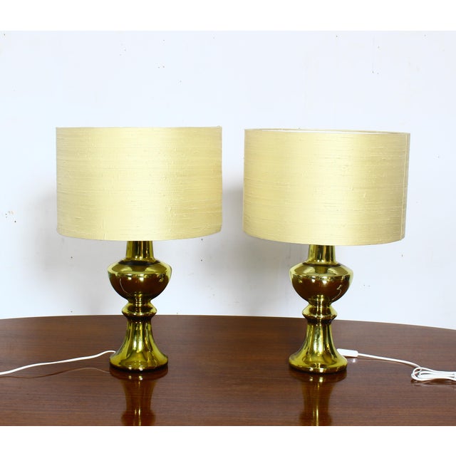 Glass Vintage Swedish Gold Table Lamps with Silk Shades from Luxus, 1970s, Set of 2 For Sale - Image 7 of 14