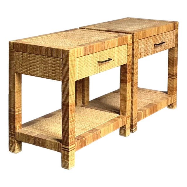 Vintage Boho Bielecky Brothers Woven Rattan Nightstands - A Pair For Sale