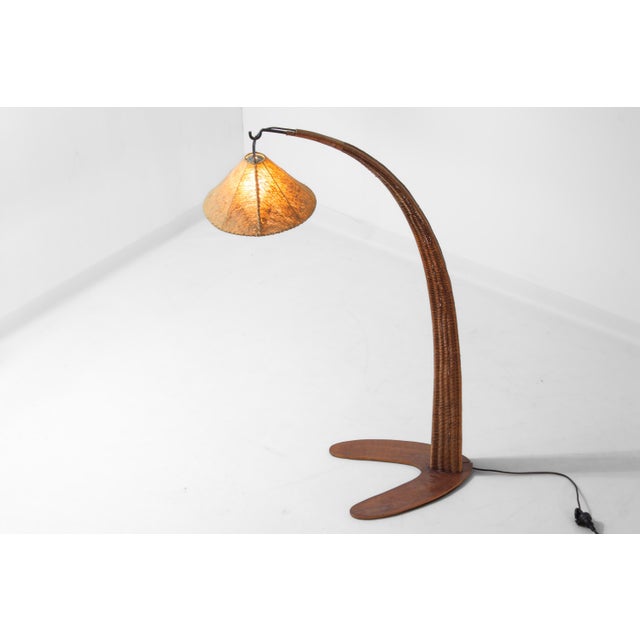 Wood Italian Wood Arc Floor Lamp with Rattan Shade, 1970s For Sale - Image 7 of 18