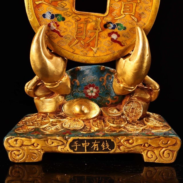 Turquoise Vintage Cloisonne Enamel Crab & Coin Sculpture – 9.8" Auspicious Wealth Figure For Sale - Image 8 of 9