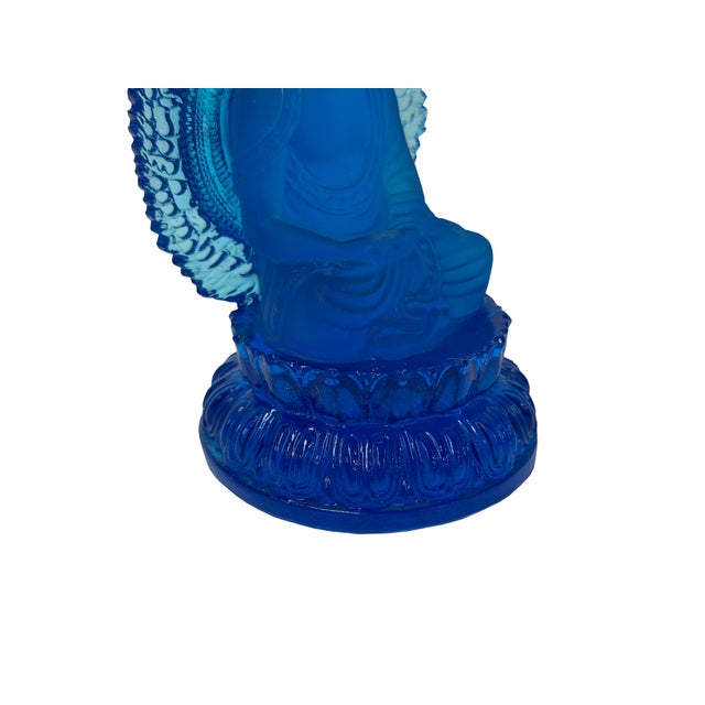 Blue Blue Crystal Glass Sitting Buddha Lotus Base Mandorla Halo Back Statue For Sale - Image 8 of 10