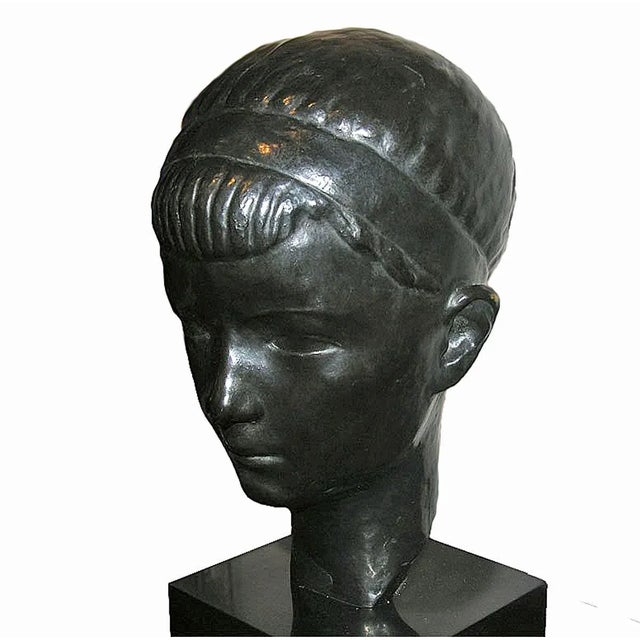 Bronze Boy's Head Sculpture on Pedestal, Mid-20th Century For Sale - Image 4 of 10