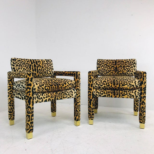Brown Leopard Parsons Chairs With Brass Sabots, Custom - A Pair For Sale - Image 8 of 12