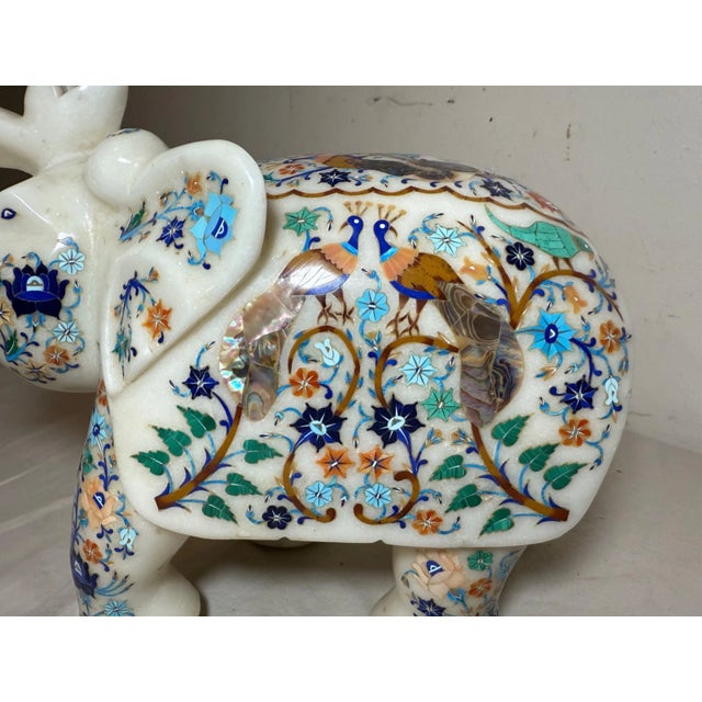 1960s Large Vintage Inlaid White Marble Marquetry Stone Elephant Statue Sculpture 17Lbs For Sale - Image 5 of 17