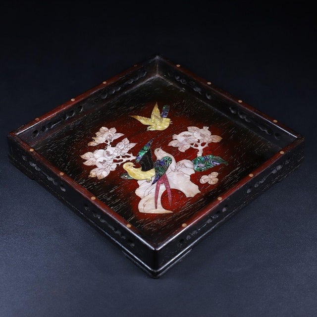 Late 20th Century Square Wooden Tray With Mother-of-Pearl Bird and Pomegranate Inlay For Sale - Image 4 of 10