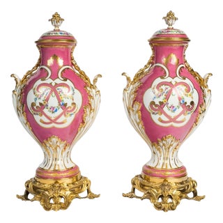 Painted Porcelain Vases with Gilded Bronze Mounts, 19th Century, Set of 2 For Sale
