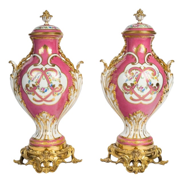 Painted Porcelain Vases with Gilded Bronze Mounts, 19th Century, Set of 2 For Sale