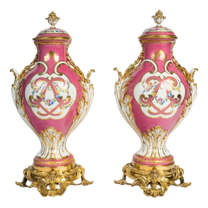 Painted Porcelain Vases with Gilded Bronze Mounts, 19th Century, Set of 2