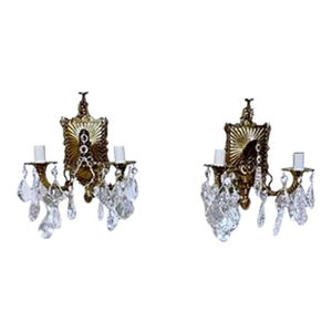 Pair of 1930s Bronze Sconces With French Pendalogue Crystals