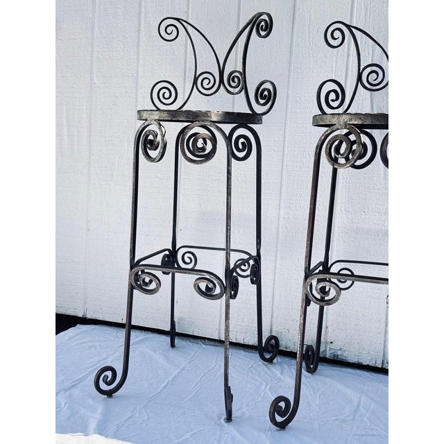Silver Set of Three Hand Wrought Iron Scrollwork Bar Stools For Sale - Image 8 of 12