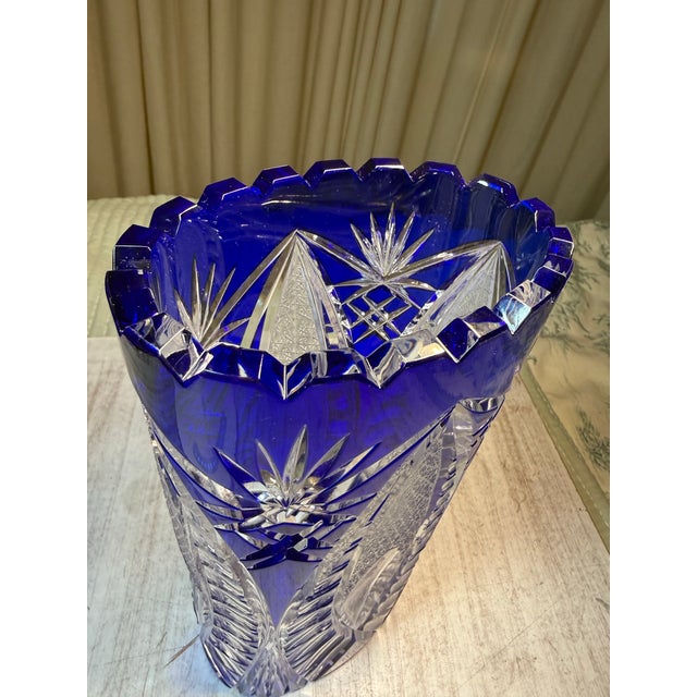 1960s German Cut to Clear Cobalt Oval Starburst Vase For Sale - Image 10 of 12