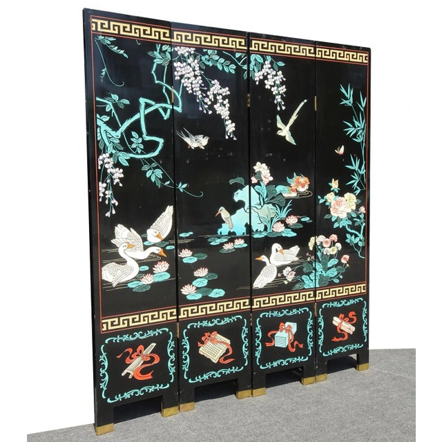 Asian Vintage Oriental Asian Blue Coromandel Four Panel Screen Room Divider W Swans For Sale - Image 3 of 12
